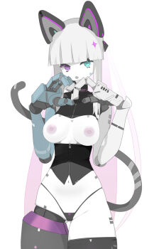 1girl :o android animal_ears blunt_bangs breasts cat_ears colored_skin commentary_request cowboy_shot green_eyes heart heart_hands heterochromia highleg highleg_panties highres long_hair looking_at_viewer mecha_musume mechanical_arms mechanical_ears mechanical_hands mechanical_legs mechanical_tail medium_breasts multicolored_hair nanatsuki_sousuke navel nipples original panties pink_hair purple_eyes robot_girl simple_background solo tail underwear very_long_hair white_background white_hair white_skin