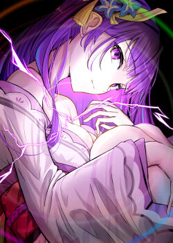 1girl absurdres back_bow bare_shoulders black_background bow breasts cleavage close-up closed_mouth commentary electricity flower_ornament from_side genshin_impact hair_ornament highres huge_breasts hugging_own_legs japanese_clothes kimono long_sleeves looking_at_viewer looking_to_the_side multicolored_hair no_mole off_shoulder purple_eyes purple_hair purple_kimono raiden_shogun rainbow red_sash sash shade solo streaked_hair tobikaze89 upper_body wide_sleeves