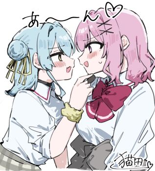 Rule 34 | 2girls, amaori renako, ashigaya high school uniform, blue hair, blush, bow, bowtie, clothes around waist, collared shirt, commentary request, fang, feeding, grey sweater, hair bun, hair ribbon, heart, highres, koyanagi kaho, medium hair, mesugakisaikou, multiple girls, open mouth, pink hair, purple eyes, red bow, red bowtie, ribbon, school uniform, scrunchie, shirt, simple background, single side bun, sweater, sweater around waist, watashi ga koibito ni nareru wake naijan murimuri!, white background, white shirt, wrist scrunchie, yellow eyes, yellow ribbon, yuri