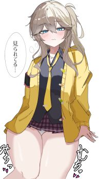 1girl absurdres black_shirt blonde_hair blue_eyes blush cardigan closed_mouth collared_shirt cowboy_shot heart highres kasukabe_tsumugi long_hair looking_at_viewer mole mole_under_eye narukami_numari necktie one_side_up open_cardigan open_clothes panties panty_peek pleated_skirt shirt simple_background skirt solo sound_effects speech_bubble thick_thighs thighs thought_bubble underwear voicevox white_background yellow_cardigan yellow_necktie