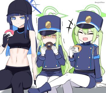 Rule 34 | +++, 3girls, :d, abs, bare shoulders, blue archive, blue eyes, blue hair, blue halo, blue shoes, closed eyes, colored inner hair, commentary, donut, english commentary, food, gloves, green hair, green halo, halo, hat, highres, hikari (blue archive), holding, holding donut, holding food, long hair, long sleeves, looking at another, midriff, multicolored hair, multiple girls, navel, nozomi (blue archive), open mouth, pantyhose, saori (blue archive), shoes, simple background, sitting, smile, threeboon, twintails, white gloves, white pantyhose, yellow eyes