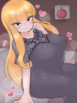1girl black_negligee blonde_hair blunt_bangs blush breasts covered_erect_nipples fang hand_up heart highres huge_breasts indoors kaneda_mochiko lingerie long_hair looking_at_viewer mount_celeb_kaneda-san negligee on_bed push-button red_button short_sleeves sitting skin_fang smile steaming_body tyamegi underwear