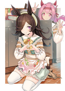 2girls absurdres animal_ears apron bigboss021 blush book bow brown_hair carrot closed_mouth double_v ear_bow ear_covers flipped_hair floor flower-shaped_pupils flower_in_eye food fruit hair_over_one_eye hairband haru_urara_(umamusume) headband highres horse_ears horse_girl horse_tail long_hair looking_at_viewer multiple_girls on_floor pink_eyes pink_hair pink_headband ponytail purple_eyes rice_shower_(umamusume) rice_shower_(yummy_dreamy_fairy)_(umamusume) shirt shoes skirt smile strawberry symbol-shaped_pupils symbol_in_eye tail thighhighs umamusume v waist_apron white_thighhighs