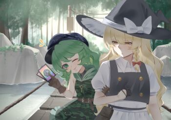 2girls ability_card_(touhou) absurdres apron belt between_fingers black_gloves black_hat black_vest blonde_hair blue_hat bow braid bridge brown_belt brown_gloves camouflage_dress camouflage_hat card card_between_fingers closed_mouth collared_shirt commentary dress forest gloves green_dress green_eyes green_hair hair_bow half_gloves hat hat_bow highres holding holding_another's_arm key kirisame_marisa long_hair mini-hakkero multiple_girls nature no_noru one_eye_closed outdoors pouch puffy_short_sleeves puffy_sleeves red_bow shirt short_sleeves side_braid single_braid smile touhou vest waist_apron white_apron white_bow white_shirt witch_hat yamashiro_takane yellow_eyes