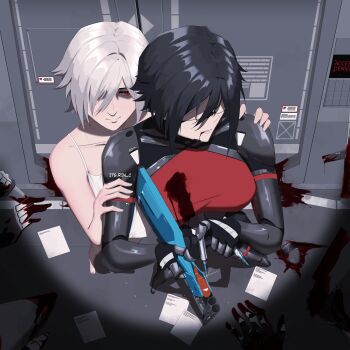 2girls absurdres ariane_yeong artist_name black_bodysuit black_hair blood blood_from_mouth bodysuit camisole elster_(signalis) gun highres holding holding_gun holding_weapon itsrin4 multicolored_bodysuit multiple_girls red_bodysuit reloading short_hair signalis two-tone_bodysuit weapon white_camisole white_hair