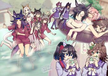 6+girls agnes_digital_(umamusume) ahoge air_shakur_(umamusume) animal_ears bare_shoulders bath_yukata beanie black_hair blue_eyes blunt_bangs blush bow bowtie breasts brown_eyes brown_hair brown_hat closed_eyes closed_mouth dark-skinned_female dark_skin dream_journey_(umamusume) ear_bow ear_covers ear_ornament ear_ribbon ears_through_headwear eating eyebrow_piercing eyepatch eyewear_strap face_piercing fenomeno_(umamusume) flipped_hair food glasses gold_ship_(umamusume) grey_hair grey_hat hair_between_eyes hair_ornament hair_over_one_eye hairclip hat hi_(ibisf5umauma) highres holding holding_food horse_ears horse_girl horse_tail horseshoe_hat_ornament horseshoe_ornament horseshoe_print japanese_clothes katsuragi_ace_(umamusume) kimono long_hair long_sleeves looking_at_viewer mini_hat mini_top_hat mr._c.b._(umamusume) multicolored_hair multiple_girls musical_note nakayama_festa_(umamusume) naked_towel onsen open_mouth orange_hair orfevre_(umamusume) peaked_cap piercing pillbox_hat pink_hair ponytail purple_bow purple_eyes purple_hair purple_sailor_collar purple_serafuku purple_shirt purple_skirt purple_thighhighs red_kimono sailor_collar sailor_shirt school_uniform serafuku shirt short_hair single_ear_cover skirt smile stay_gold_(umamusume) stay_gold_clan_(umamusume) streaked_hair symboli_kris_s_(umamusume) tail tanino_gimlet_(umamusume) tap_dance_city_(umamusume) tassel tassel_hair_ornament thighhighs top_hat towel tracen_school_uniform two-tone_hair umamusume v white_bow white_bowtie white_hair white_skirt yellow_eyes yukata