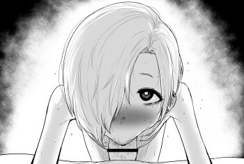 1boy 1girl absurdres bar_censor blush censored commentary_request fellatio greyscale hair_over_one_eye hetero highres idolmaster idolmaster_cinderella_girls kaiman_garupan looking_at_viewer monochrome nude oral penis shirasaka_koume short_hair solo_focus