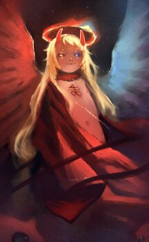 1girl 2025 belly blonde_hair ch4i chest_tattoo collar demon_horns devil_girl flat_chest guro halo heterochromia highres horns indie_virtual_youtuber khaz_art long_hair solo standing tattoo thick_eyebrows