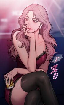 Rule 34 | 1girl, bad thinking diary, breasts, dress, earrings, highres, jewelry, lipstick, makeup, oh hyera, pink hair, rangrarii, red eyes, thighhighs, wavy hair