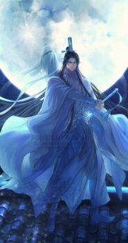 1boy absurdres bichen_sword black_hair blue_ribbon blue_theme boots chinese_clothes closed_mouth cloud fighting_stance flower full_body full_moon ganen_cheese glowing guqin hanfu headband highres holding holding_sword holding_weapon instrument_case jian_(weapon) lan_wangji long_hair long_sleeves looking_at_viewer male_focus modao_zushi moon night night_sky on_rooftop outdoors ribbon robe sash sheath sidelocks sky sleeves_past_wrists solo standing sword sword_tassel tassel topknot unsheathing very_long_hair watermark weapon white_boots white_hanfu white_headband white_sash wide_sleeves xiao_guan_(headdress) yellow_eyes
