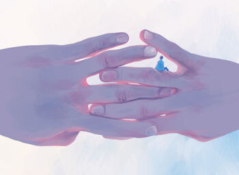 1boy 1other backlighting bangqiao_yan black_hair blue_hoodie denim full_body hand_focus hood hoodie interlocked_fingers jeans mini_person miniboy original pants pov pov_hands short_hair sitting size_difference