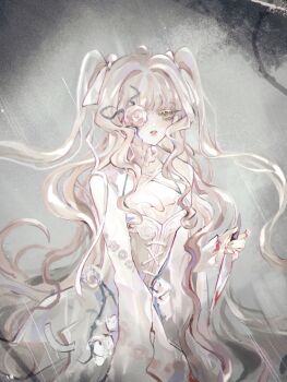 1girl bell_sleeves blonde_hair blood blood_on_clothes blood_on_hands bloody_knife bodice breasts chashuimeifiom chinese_commentary choker choppy_bangs cleavage colored_eyelashes cowboy_shot criss-cross_halter dress dress_flower floral_print flower flower_over_eye frilled_choker frills grey_background hair_intakes hair_ribbon halterneck highres holding holding_knife kirakishou knife lolita_fashion long_hair long_sleeves looking_ahead medium_breasts pink_lips plant rain reverse_grip ribbon rose rozen_maiden sitting sleeves_past_wrists solo thorns two_side_up very_long_hair vines wavy_hair white_choker white_dress white_eyelashes white_flower white_ribbon white_rose yellow_eyes