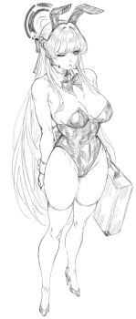 animal_ears blue_archive bow bowtie braid breasts commentary_request detached_collar fake_animal_ears graphite_(medium) half_up_braid halo high_heels highleg highleg_leotard highres indinu leotard medium_breasts monochrome one_eye_closed playboy_bunny rabbit_ears rabbit_tail strapless strapless_leotard tail thighhighs toki_(blue_archive) toki_(bunny)_(blue_archive) traditional_media wrist_cuffs