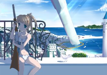 1girl bad_id bad_pixiv_id beach bird blue_eyes brown_hair chemise dexp female_focus gun hair_ornament hairclip long_hair midriff missile navel original panties rifle side_ponytail sitting sniper solo underwear weapon
