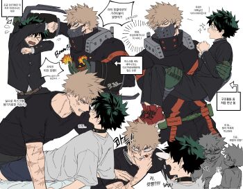Rule 34 | 2boys, bakugou katsuki, biting, black choker, blonde hair, boku no hero academia, choker, commentary request, dmdtmt99, facial scar, freckles, green eyes, green hair, highres, korean commentary, long sleeves, male focus, midoriya izuku, multiple boys, omegaverse, red eyes, scar, scar on cheek, scar on face, scar on hand, shirt, short hair, simple background, spiked hair, superhero costume, t-shirt, white background, yaoi