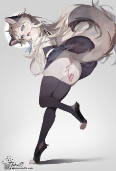 1girl :o animal_ears anus ass bare_shoulders black_skirt black_thighhighs blue_eyes blush cat_ears cat_girl cat_tail commentary commission english_commentary furry furry_female grey_background highres no_panties object_insertion original pita-potato pussy sex_toy skirt standing standing_on_one_leg tail thighhighs vaginal vaginal_object_insertion vibrator