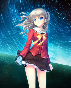 1girl absurdres black_skirt blue_eyes camcorder camera charlotte_(anime) closed_mouth collarbone collared_shirt dress_shirt female_focus floating_hair hair_between_eyes hair_ornament highres holding holding_camera hoshinoumi_academy_school_uniform long_hair long_sleeves looking_afar miniskirt na-ga night outdoors pleated_skirt red_shirt sailor_collar sailor_shirt school_uniform shirt silver_hair skirt sky solo standing star_(sky) star_trail starry_sky tomori_nao video_camera white_sailor_collar yellow_neckwear