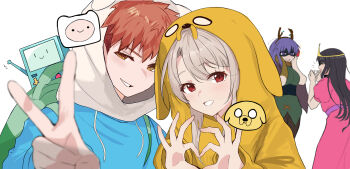 1boy absurdres adventure_time animal_costume animal_hood antlers bear_hat black_mask bmo brown_headscarf cosplay crown dog_costume dog_hood domino_mask emiya_shirou eye_mask fate/stay_night fate_(series) finn_the_human finn_the_human_(cosplay) game_console hair_ribbon hat hat_with_ears headscarf highres hood horns huntress_wizard illyasviel_von_einzbern jake_the_dog jake_the_dog_(cosplay) loli long_hair mask matou_sakura official_alternate_hairstyle orange_hair princess princess_bonnibel_bubblegum princess_bonnibel_bubblegum_(cosplay) purple_eyes purple_hair red_eyes red_ribbon ribbon ringlets shokobr siblings sisters tiara tohsaka_rin white_hair