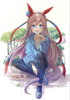 1girl :d animal_ears blue_eyes blue_hairband blue_headband blue_jacket blue_pants blue_ribbon casual commentary_request ear_covers ear_ornament food full_body grey_hair grey_shoes hair_between_eyes hairband headband highres holding holding_skewer horse_ears horse_girl horse_tail jacket knee_up long_hair long_sleeves multicolored_hairband murasaki_himuro open_mouth pants red_hairband red_headband red_ribbon ribbon shirt shoes sitting skewer smile sneakers solo tail takoyaki tamamo_cross_(umamusume) two-tone_hairband two-tone_ribbon umamusume v-shaped_eyebrows very_long_hair white_shirt zipper