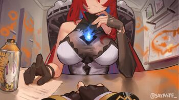 ahoge blue_fire blue_hair colored_inner_hair elizabeth_rose_bloodflame fire gigi_murin gloves graffiti highres hololive hololive_english indoors long_hair multicolored_hair multiple_girls red_hair sakaste spray_can spray_paint tapping_finger two-tone_hair virtual_youtuber