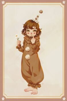 1girl alkemanubis barefoot blush brown_background brown_eyes brown_hair brown_onesie clown clown_nose facepaint flower hat highres holding holding_flower index_finger_raised lipstick looking_at_viewer makeup original pom_pom_(clothes) red_lips short_hair smile squirt_flower standing star_(symbol) white_flower white_hat