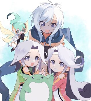 1boy 3girls absurdres aqua_eyes aqua_hair blue_eyes blue_scarf bodysuit clothing_cutout coat commentary_request creature dio_(tales) dress etos_(tales) fairy flipped_hair green_coat grey_hair headband highres holding_hands kururu_(tales) leaning_forward long_hair looking_at_another mel_(tales) multicolored_bodysuit multiple_girls nancykittyu open_mouth pants pink_coat ponytail rondoline_e._effenberg scarf short_hair shoulder_cutout simple_background smile tales_of_(series) tales_of_phantasia tales_of_phantasia:_narikiri_dungeon tales_of_phantasia:_narikiri_dungeon_x two-tone_bodysuit white_dress white_hair white_headband white_pants