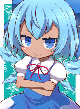 1girl blue_bow blue_dress blue_eyes blue_hair border bow chibi cirno closed_mouth commentary_request crossed_arms dress hair_bow ice ice_wings jitome looking_at_viewer muuba neck_ribbon pinafore_dress puffy_short_sleeves puffy_sleeves red_ribbon ribbon shirt short_hair short_sleeves sleeveless sleeveless_dress snowflake_background solo tan touhou upper_body white_shirt wings