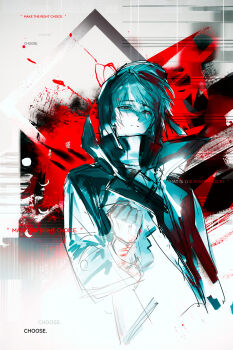 Rule 34 | 1boy, absurdres, arknights, buttons, clenched hand, closed mouth, color contrast, commentary, cropped, doctor (arknights), double-parted bangs, english commentary, english text, floating clothes, floating hair, gloves, hair between eyes, hand up, high collar, highres, hood, hood up, jacket, lapels, light frown, limited palette, long sleeves, looking at viewer, male doctor (arknights), male focus, open clothes, open jacket, short hair, solo, splatter, upper body, yomi tamashi