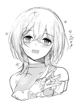 Rule 34 | 1girl, :d, bare shoulders, blush, braid, bridal gauntlets, copyright request, covered collarbone, cropped torso, fingernails, greyscale, hair between eyes, highres, interlocked fingers, kawamochi (kawauti919), looking at viewer, monochrome, open mouth, simple background, smile, solo, sparkle, translation request, upper body, white background