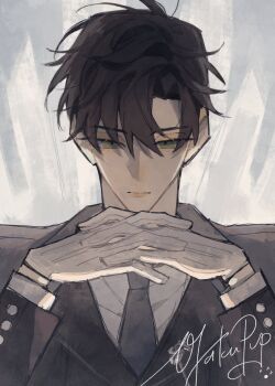 1boy artist_name black_hair black_jacket black_necktie closed_mouth collared_shirt gloves green_eyes grey_background hair_between_eyes highres jacket looking_at_viewer love_and_deepspace male_focus necktie otakupup own_hands_together parted_bangs shirt short_hair solo suit_jacket upper_body white_gloves white_shirt zayne_(love_and_deepspace)