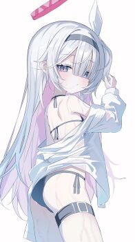 1girl :/ alternate_eye_color back-tie_bikini bare_shoulders bikini black_bikini black_hairband blue_archive blue_eyes closed_mouth colored_inner_hair dot_nose from_side hair_between_eyes hair_over_one_eye hair_ribbon hairband halo hand_up highres loli long_hair long_sleeves looking_at_viewer looking_to_the_side loyo multicolored_hair pink_hair pink_halo pink_pupils plana_(blue_archive) red_pupils ribbon see-through_clothes see-through_shirt see-through_sleeves shirt shirt_partially_removed side-tie_bikini_bottom simple_background solo standing swimsuit thigh_strap thighs very_long_hair wet wet_clothes white_background white_hair white_ribbon white_shirt