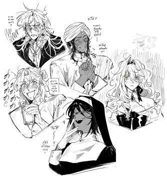 Rule 34 | 2girls, 3boys, blush, bow, bowtie, bracelet, breasts, cleavage, closed eyes, closed mouth, collared shirt, commentary request, dark-skinned female, dark-skinned male, dark skin, dot nose, dress, earrings, glasses, gohagan (unholymilk), green eyes, hair between eyes, hair bow, hairband, half-closed eyes, hand to own mouth, highres, jewelry, laughing, long hair, long sleeves, looking at viewer, looking down, looking to the side, medium hair, monochrome, multiple boys, multiple girls, multiple rings, multiple scars, necklace, open mouth, original, own hands together, parted lips, portrait, rain, red eyes, ring, robe, scar, scar on arm, scar on hand, shirt, simple background, sketch, smile, sparkle, spot color, sweat, teeth, thai commentary, thai text, translation request, turban, unholymilk, upper teeth only, white background, yellow eyes