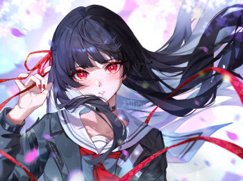 1girl black_choker black_hair black_jacket black_shirt blush bright_pupils chisa_(wuthering_waves) choker commentary fingernails hair_ribbon hand_up highres jacket long_hair long_sleeves looking_at_viewer mihan_(mihan_art) nail_polish neckerchief parted_lips portrait red_eyes red_nails red_neckerchief red_ribbon ribbon sailor_collar shirt solo white_pupils white_sailor_collar wind wuthering_waves