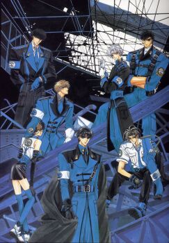 1girl 6+boys blue_theme blue_thighhighs clamp everyone highres kigai_youto military military_uniform monou_fuma multiple_boys nataku_(clamp) parted_bangs sakurazuka_seishirou sakurazukamori_seishirou shiyu_kusanagi shogo_asagi sitting standing thighhighs tokyo_tower x_(manga) yatouji_satsuki