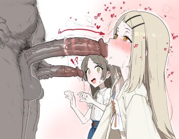 2boys 2girls blonde_hair blush brown_eyes brown_hair fat fat_man fellatio fried_bocky gakuen_idolmaster hair_ornament idolmaster kuramoto_china large_penis loli long_hair long_sleeves looking_at_penis male_pubic_hair multiple_boys multiple_girls open_mouth oral orange_eyes parted_bangs penis pubic_hair sexual_coaching shinosawa_hiro shirt simple_background tongue tongue_out uncensored upper_body white_shirt