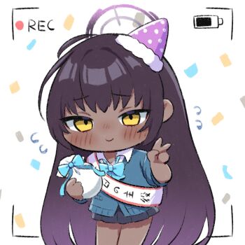 1girl blue_archive blue_cardigan cardigan chibi closed_mouth collared_shirt commentary confetti cowboy_shot dark-skinned_female dark_skin dress_shirt flying_sweatdrops gradient_hair halo harunatsu_(nekoneko_haruka) highres holding karin_(blue_archive) karin_(school_uniform)_(blue_archive) long_hair long_sleeves looking_at_viewer miniskirt multicolored_hair official_alternate_costume pleated_skirt purple_hair recording shirt simple_background skirt smile solo standing thighs v very_long_hair viewfinder white_background white_shirt yellow_eyes