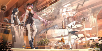 1other 3girls :o absurdres bare_arms black_boots black_dress black_gloves black_hair black_hat black_jumpsuit blue_eyes boots brown_hair newsboy_cap coat coat_on_shoulders dress glasses gloves group_leader_(xinyue_tongxing) hair_over_one_eye hand_on_own_hip hand_on_railing hat highres indoors jacket jumpsuit long_dress long_hair looking_up mianxiang mingshuang_(xinyue_tongxing) multiple_girls one_eye_covered orange_jacket pants pink_hair plant qianqiu_(xinyue_tongxing) scenery short_hair short_jumpsuit sitting skirt standing strapless_jumpsuit suitcase train train_station very_long_hair watermark weibo_watermark white_coat white_hat white_pants white_skirt white_sleeves xingliang_(xinyue_tongxing) xinyue_tongxing