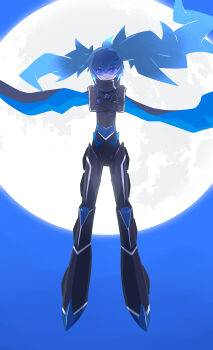 Rule 34 | 1girl, 32zzz, alternate costume, black bodysuit, black cape, black rock shooter, black rock shooter (character), blue cape, blue eyes, blue hair, bodysuit, cape, commentary request, crossed arms, floating, full moon, highres, long hair, moon, night, sky, solo, star (symbol), star print, top wo nerae! (series), top wo nerae 2!, twintails, two-sided cape, two-sided fabric, uneven twintails