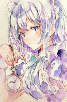 1girl absurdres bow bowtie braid chain commentary green_bow green_bowtie grey_hair hair_bow highres holding holding_pocket_watch izayoi_sakuya kamu_kotan long_hair looking_at_viewer maid maid_headdress pocket_watch puffy_short_sleeves puffy_sleeves purple_eyes short_sleeves solo touhou traditional_media twin_braids watch wrist_cuffs