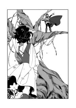 1boy 1girl absurdres artist_request cape chilchuck&#039;s_wife chilchuck_tims dungeon_meshi highres looking_at_another monochrome plant standing tree vines