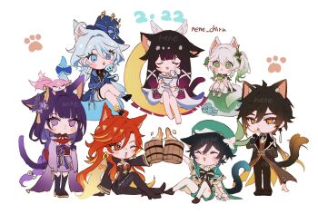 Rule 34 | 2boys, 5girls, absurdres, ahoge, animal ear fluff, animal ears, antenna hair, artist name, beer mug, biker clothes, bikesuit, blunt bangs, bodysuit, braid, brown hair, cat boy, cat ears, cat girl, cat tail, chibi, chibi only, chinese clothes, closed eyes, columbina (genshin impact), commentary, crescent, crossed legs, cup, dated, dress, drinking, earrings, fake head wings, formal clothes, fox, fox girl, from side, full body, furina (genshin impact), genshin impact, gradient hair, green eyes, green hair, hair between eyes, hair ribbon, hat, highres, holding, holding cup, huge ahoge, japanese clothes, jewelry, kimono, knee up, knees up, licking, long hair, long sleeves, looking at viewer, looking to the side, mavuika (genshin impact), mole, mole under eye, moon, mug, multicolored hair, multiple boys, multiple girls, nahida (genshin impact), nene chiru, on ground, open mouth, orange eyes, purple eyes, purple hair, purple kimono, raiden shogun, red eyes, red hair, red sash, ribbon, sakazuki, sash, short hair, shorts, sitting, standing, streaked hair, suit, tail, tail wagging, teacup, tongue, tongue out, top hat, untranslatable commentary, venti (genshin impact), wavy hair, wide-eyed, wide sleeves, yae miko, yae miko (fox), zhongli (genshin impact)