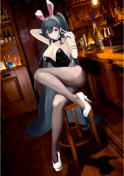 1girl absurdly_long_hair absurdres alternate_costume animal_ears azur_lane bar_(place) bar_stool bare_shoulders black_bow black_bowtie black_hair black_leotard bottle bow bowtie breasts brown_pantyhose cleavage commentary_request detached_collar fake_animal_ears full_body gloves high_heels highres indoors large_breasts leotard long_hair pantyhose playboy_bunny rabbit_ears red_eyes shoes sitting solo stool suo_bu_ye_feng taihou_(azur_lane) very_long_hair white_gloves white_shoes