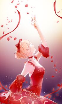 1girl arm_up armpits ballerina bare_shoulders beads blonde_hair blue_eyes bob_cut bow catching choker closed_mouth collarbone commentary cowboy_shot detached_sleeves dress expressionless from_side gradient_background hair_beads hair_bow hair_ornament highres jewelry light_blush light_frown light_particles miracle_nikki necklace nikki_(series) petals pointy_nose puffy_short_sleeves puffy_sleeves purple_background red_bow red_choker red_dress red_ribbon red_shoes_(miracle_nikki) red_sleeves ribbon rose_petals short_dress short_hair short_sleeves sleeveless sleeveless_dress solo standing studded_choker tutu upturned_eyes wendiyu white_background