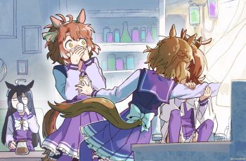 4girls agnes_tachyon_(umamusume) ahoge animal_ears averting_eyes black_hair blush braid brown_hair closed_curtains coffee coffee_mug commentary_request completely_unamused covering_own_mouth cup curtains dantsu_flame_(umamusume) drinking erlenmeyer_flask flask flipped_hair frilled_skirt frills hair_between_eyes half_up_braid hand_over_own_mouth highres holding holding_cup horse_ears horse_girl horse_tail indoors intravenous_drip jam_(umamusume) jungle_pocket_(umamusume) kiss korean_commentary lab_coat long_hair_between_eyes long_sleeves looking_at_another manhattan_cafe_(umamusume) mazu1kan medium_hair medium_skirt mug multiple_girls nervous_sweating nose_blush over-kneehighs pleated_skirt ponytail purple_sailor_collar purple_serafuku purple_shirt purple_skirt purple_thighhighs sailor_collar school_uniform serafuku shirt short_hair sitting skirt sweat tail thighhighs tracen_school_uniform umamusume umamusume:_beginning_of_a_new_era unamused winter_uniform yellow_eyes yuri