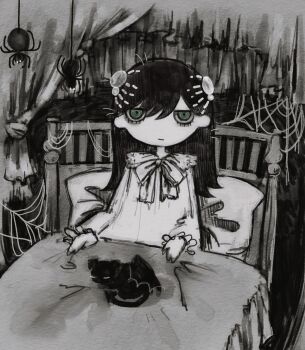 1girl animal bed black_hair bug cat closed_mouth commentary curtains dark dress english_commentary expressionless gothic_lolita green_eyes hair_ornament highres indoors jitome lolita_fashion long_hair looking_at_viewer mewdoll original pillow ribbon silk skeleton_hands_hair_ornament spider spider_web under_covers white_dress white_ribbon wings