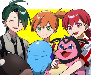 3girls :d ahoge black_necktie border clodsire closed_eyes closed_mouth collared_shirt commentary_request earrings gen_2_pokemon genjitsu_o_miro green_eyes green_hair happy highres holding holding_pokemon jewelry long_hair miltank misty_(pokemon) multiple_girls necktie nintendo open_mouth orange_hair outside_border pokemon pokemon_(anime) pokemon_(classic_anime) pokemon_(creature) pokemon_hgss pokemon_masters_ex pokemon_sv quagsire rika_(pokemon) shirt short_sleeves side_ponytail smile stud_earrings suspenders teeth tongue upper_teeth_only white_border whitney_(pokemon) yellow_background yellow_shirt