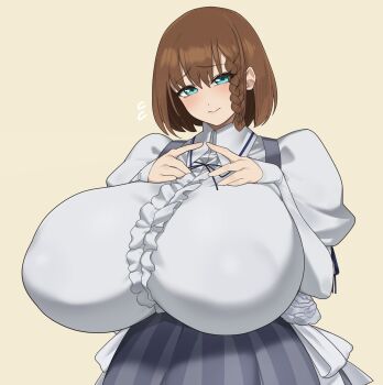 blue_eyes blush braid breasts brown_hair charlotte_corday_(fate) fate/grand_order fate_(series) gigantic_breasts highres muundae