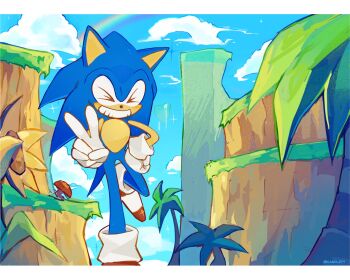 >_< 1boy blue_fur candleyy cliff closed_eyes commentary day english_commentary flower furry furry_male gloves grin hand_on_own_hip highres male_focus outdoors palm_tree rainbow sky smile solo sonic_(series) sonic_the_hedgehog standing standing_on_one_leg sunflower tree v