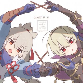 2boys blonde_hair fire_emblem fire_emblem_fates food grey_hair highres leo_(fire_emblem_fates) looking_at_viewer multiple_boys nintendo open_mouth orange_eyes pocky red_eyes sorane_amus takumi_(fire_emblem)
