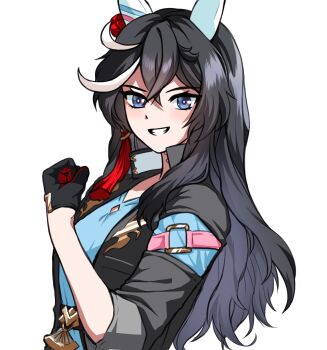 1girl absurdres animal_ears bbreaad black_coat black_gloves black_hair black_jacket blue_eyes blue_shirt blush clenched_hand coat ear_covers gloves grin hair_between_eyes hair_ornament highres horse_ears horse_girl jacket katsuragi_ace_(dragon_rising_to_the_top)_(umamusume) katsuragi_ace_(umamusume) long_hair long_sleeves looking_at_viewer multicolored_hair open_mouth shirt smile solo streaked_hair tassel tassel_hair_ornament teeth two-tone_gloves umamusume upper_body upper_teeth_only white_hair